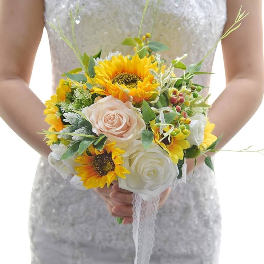 Yellow Sunflower & White Rose Bridal Bouquet